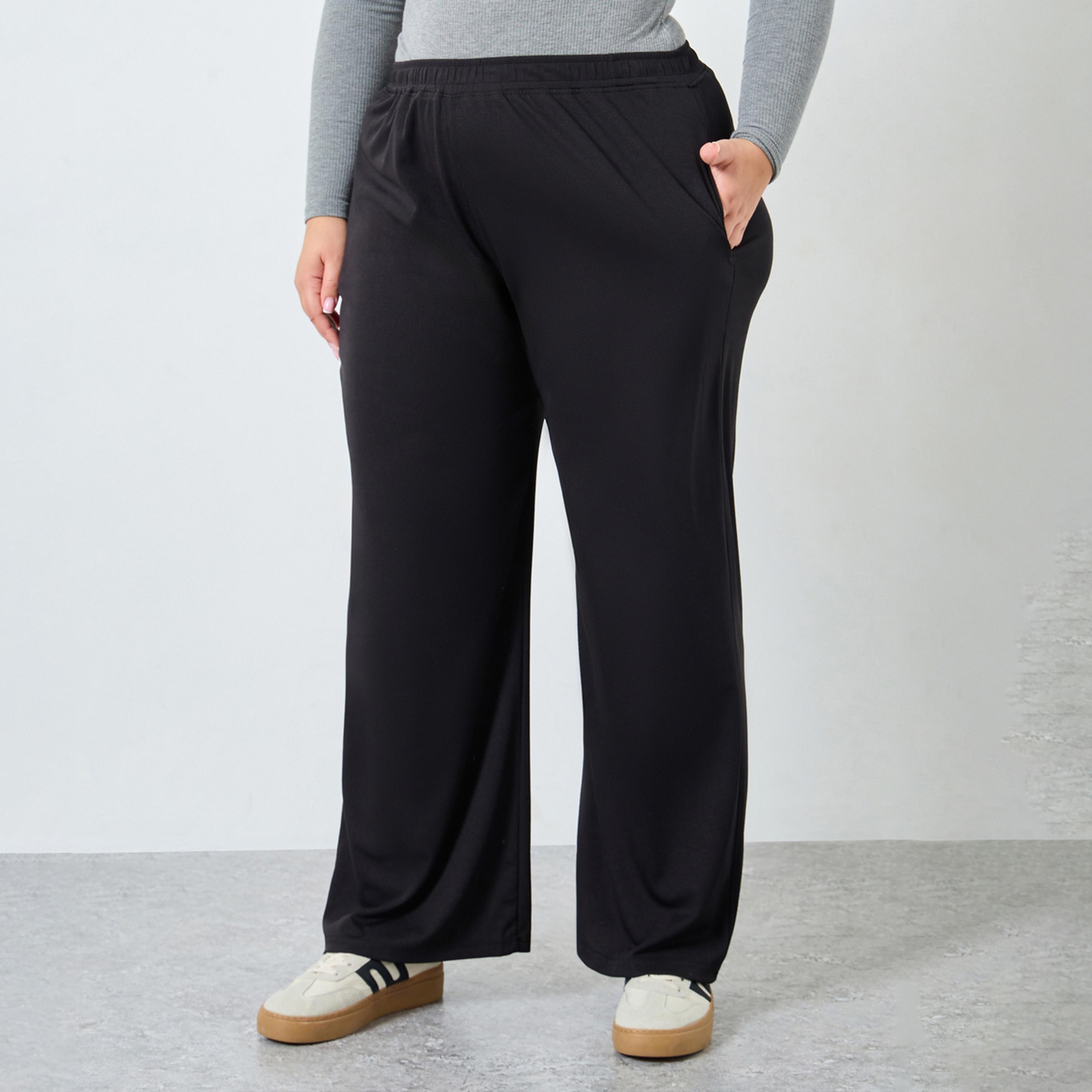 Styli Plus Size Black Ribbed Wide Leg Trousers-women-clothing-bottoms-joggers-image-1