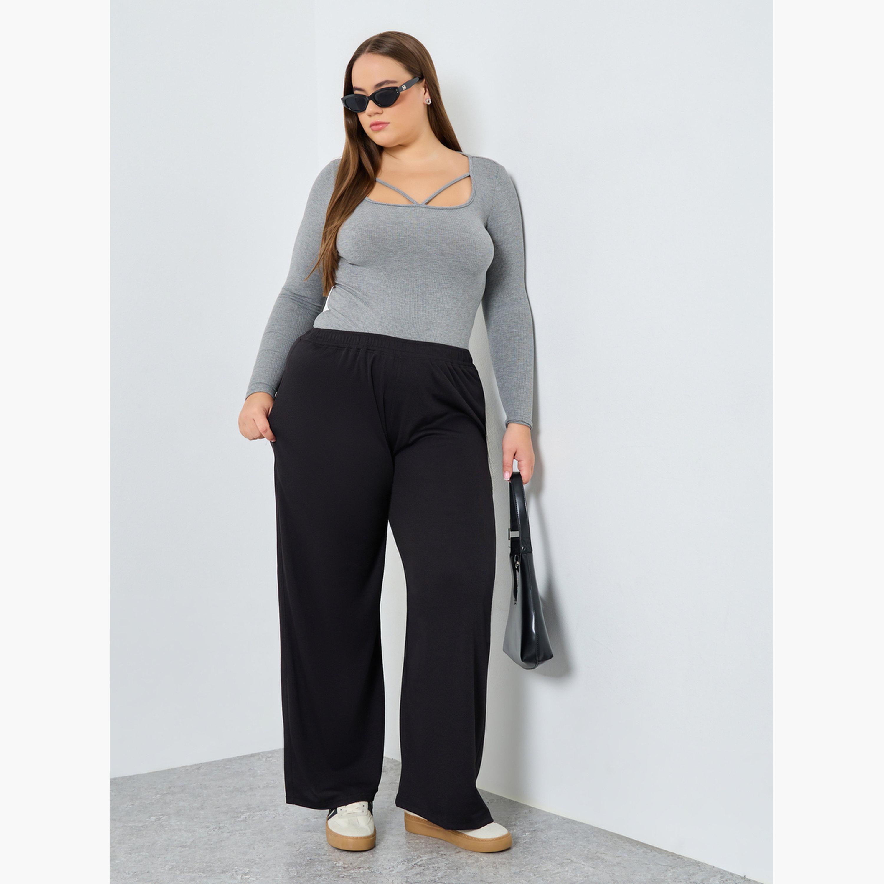 ستايلي - بنطال أسود واسع الساق مضلع مقاس كبير-women-clothing-bottoms-joggers-image-2