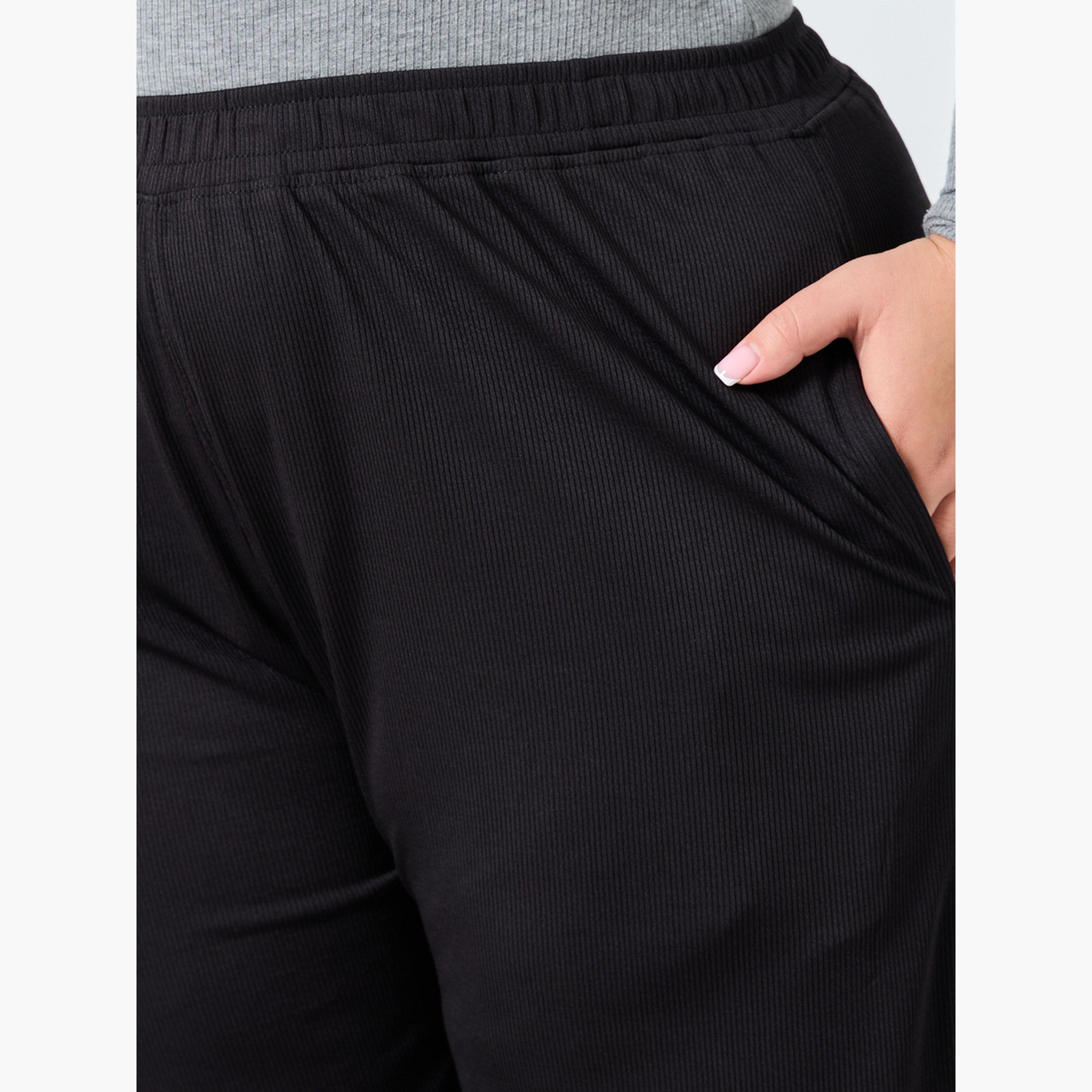 Styli Plus Size Black Ribbed Wide Leg Trousers-women-clothing-bottoms-joggers-image-4