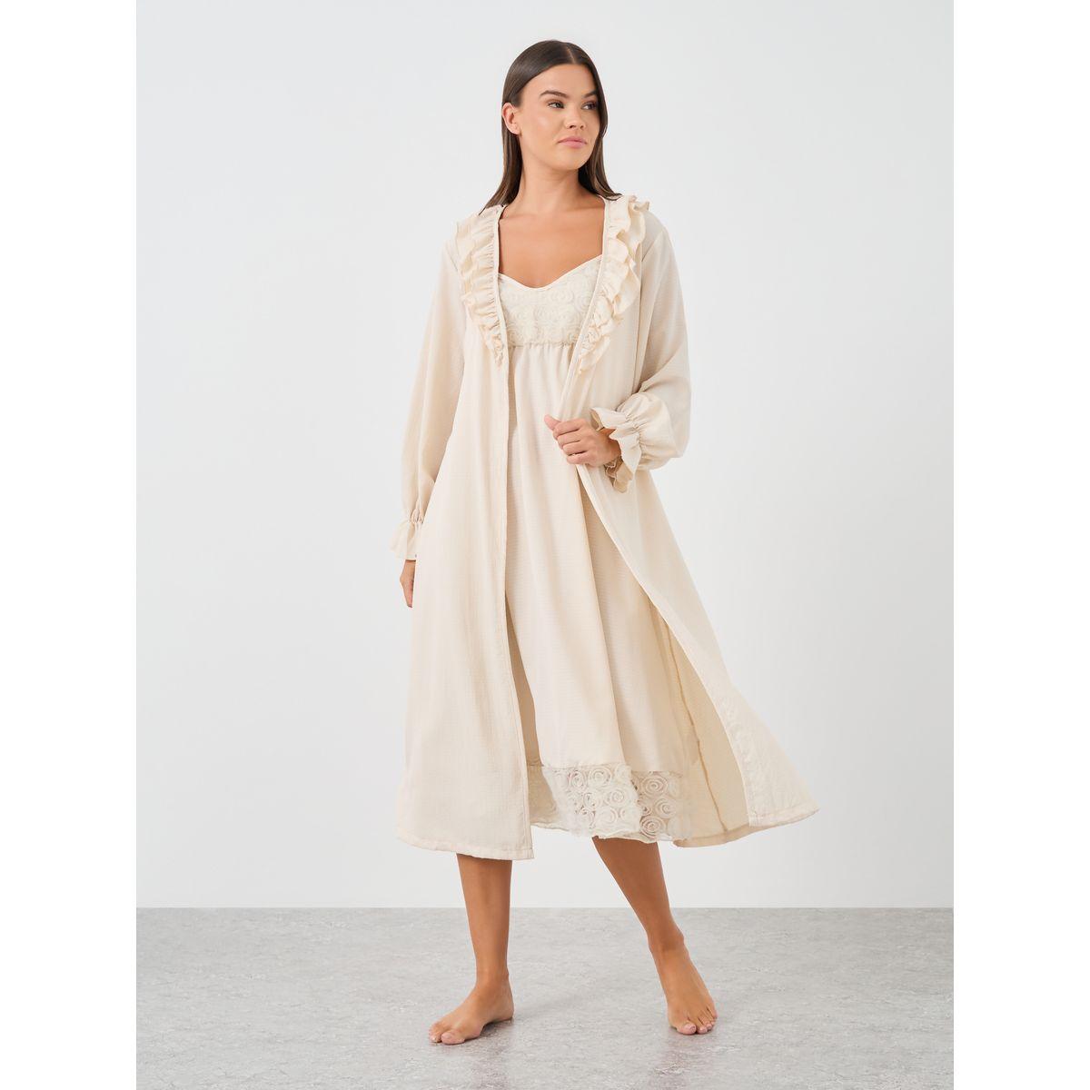 Styli Solid Strappy Slip Dress and Robe with Ruffle Set-women-clothing-nightwear-robes-image-1