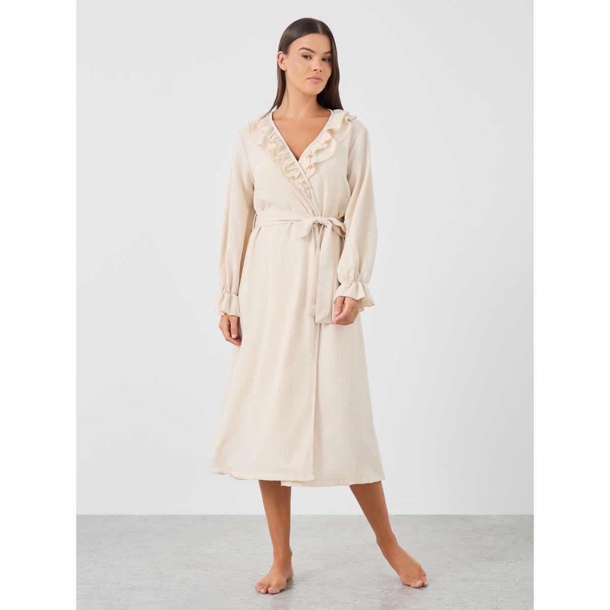 Styli Solid Strappy Slip Dress and Robe with Ruffle Set-women-clothing-nightwear-robes-image-2