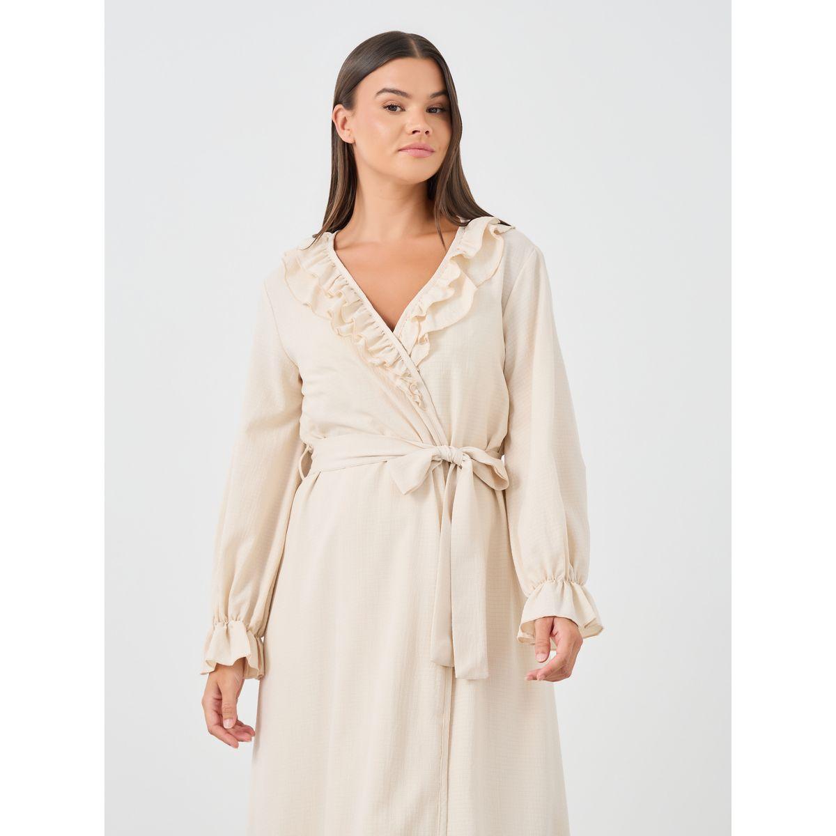 Styli Solid Strappy Slip Dress and Robe with Ruffle Set-women-clothing-nightwear-robes-image-3