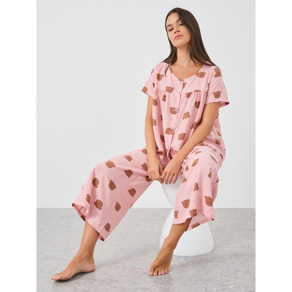 Styli Women Pink All-Over Teddy Print Button Front Shirt and Pyjama Set-women-clothing-nightwear-pyjamas-longsets-image-1