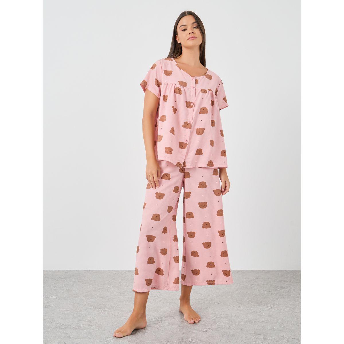 Styli Women Pink All-Over Teddy Print Button Front Shirt and Pyjama Set-women-clothing-nightwear-pyjamas-longsets-image-2
