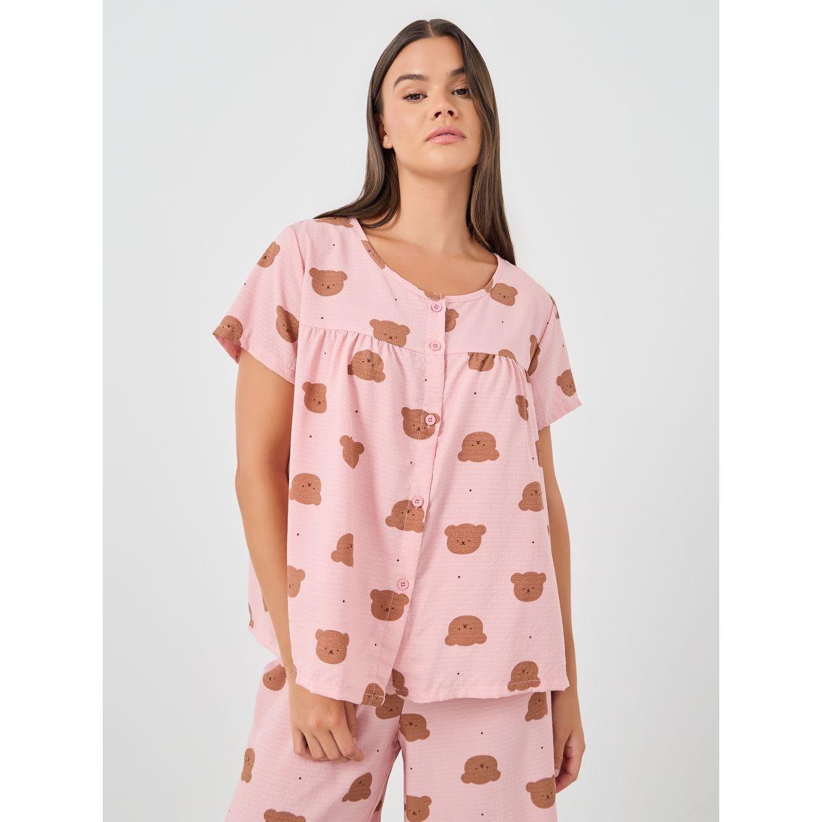 Styli Women Pink All-Over Teddy Print Button Front Shirt and Pyjama Set-women-clothing-nightwear-pyjamas-longsets-image-3