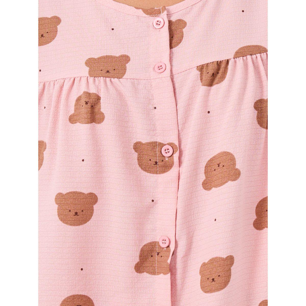 Styli Women Pink All-Over Teddy Print Button Front Shirt and Pyjama Set-women-clothing-nightwear-pyjamas-longsets-image-4