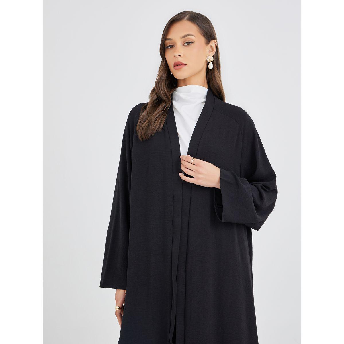 Styli Women Black Crinkled Open Front Abaya-women-arabicclothing-abayas-image-3