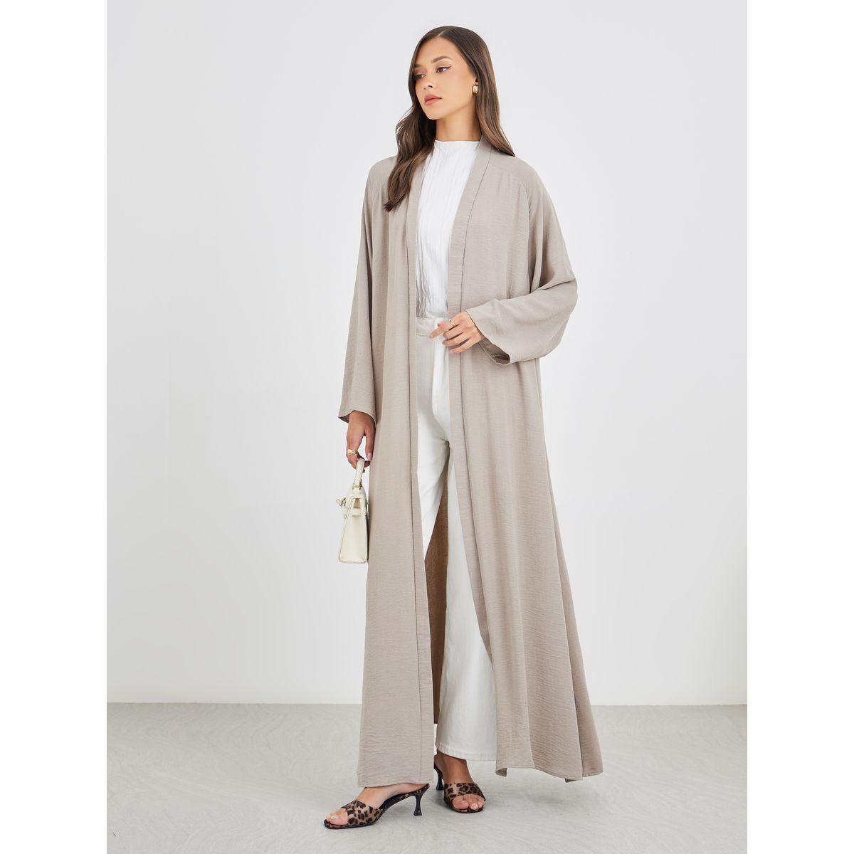 Amirah X Styli Women Grey Crinkled Open Front Abaya-women-arabicclothing-abayas-image-1
