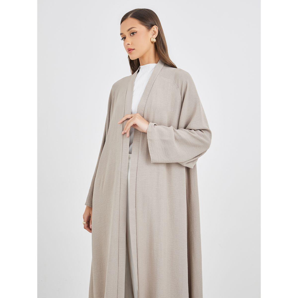 Amirah X Styli Women Grey Crinkled Open Front Abaya-women-arabicclothing-abayas-image-3