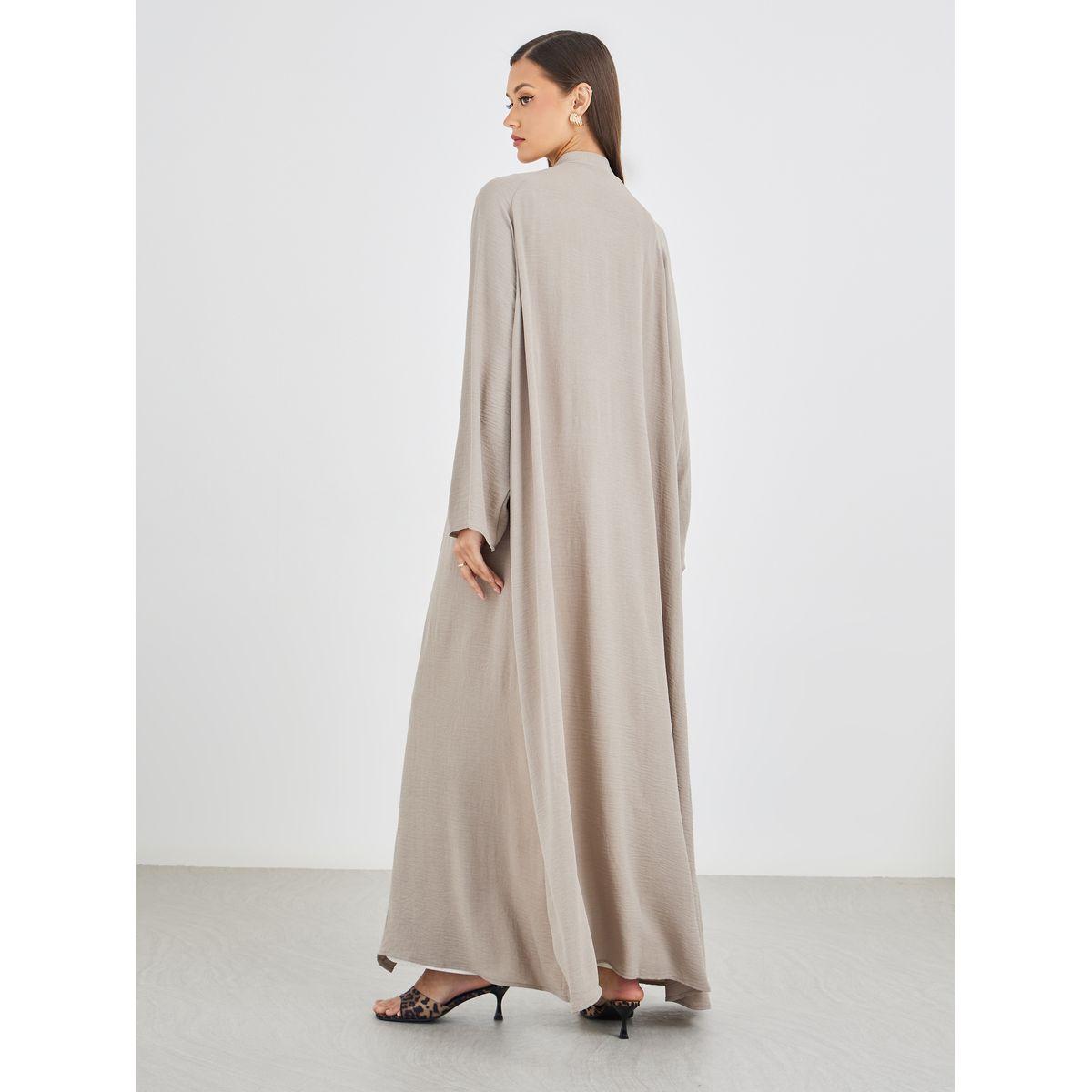 Amirah X Styli Women Grey Crinkled Open Front Abaya-women-arabicclothing-abayas-image-5