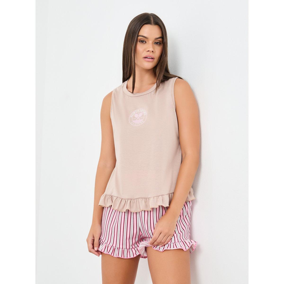 مجموعة من شورت مخطط مع بلوزة تانك بحافة كشكش-women-clothing-nightwear-pyjamas-shortsets-image-1