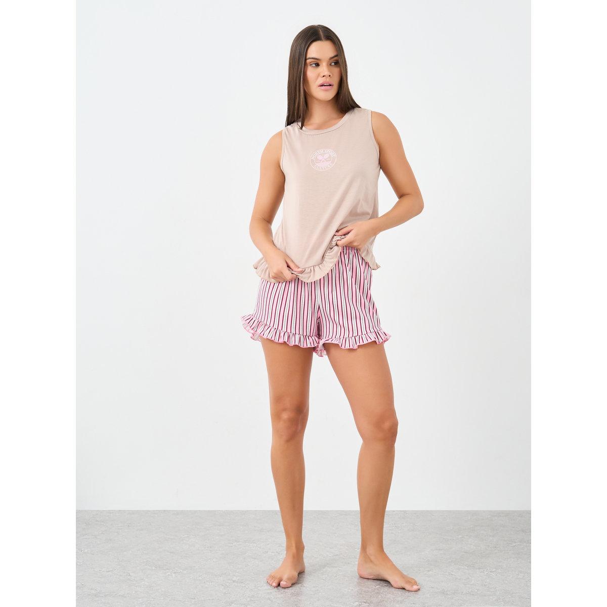 Styli Ruffle Hem Graphic Tank and Striped Shorts Set-women-clothing-nightwear-pyjamas-shortsets-image-2