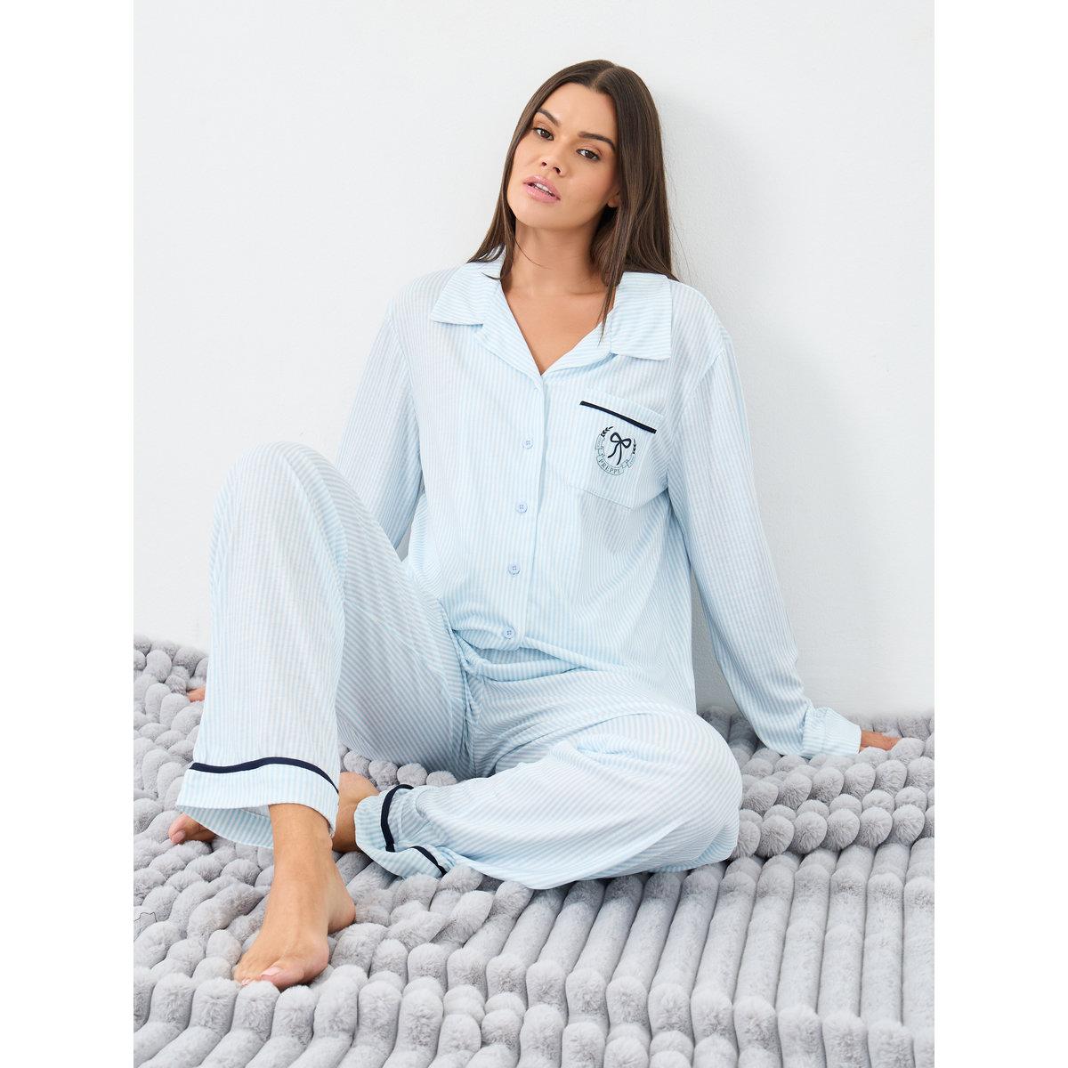 Styli Bow Striped Print Pocket Detail Shirt and Pyjama Set-women-clothing-nightwear-pyjamas-longsets-image-1