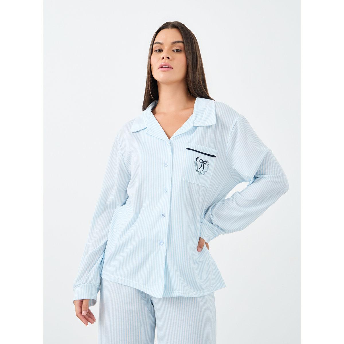 طقم من بنطال بيجاما مع بلوزة مخططة بتفاصيل جيب-women-clothing-nightwear-pyjamas-longsets-image-2