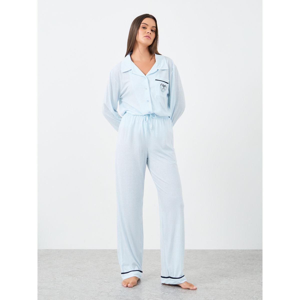 Styli Bow Striped Print Pocket Detail Shirt and Pyjama Set-women-clothing-nightwear-pyjamas-longsets-image-3