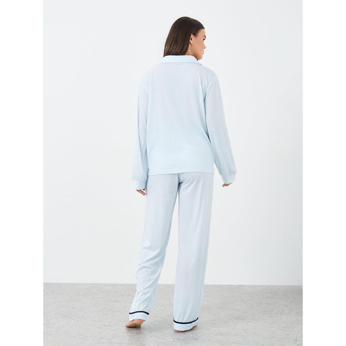 Styli Bow Striped Print Pocket Detail Shirt and Pyjama Set-women-clothing-nightwear-pyjamas-longsets-image-5