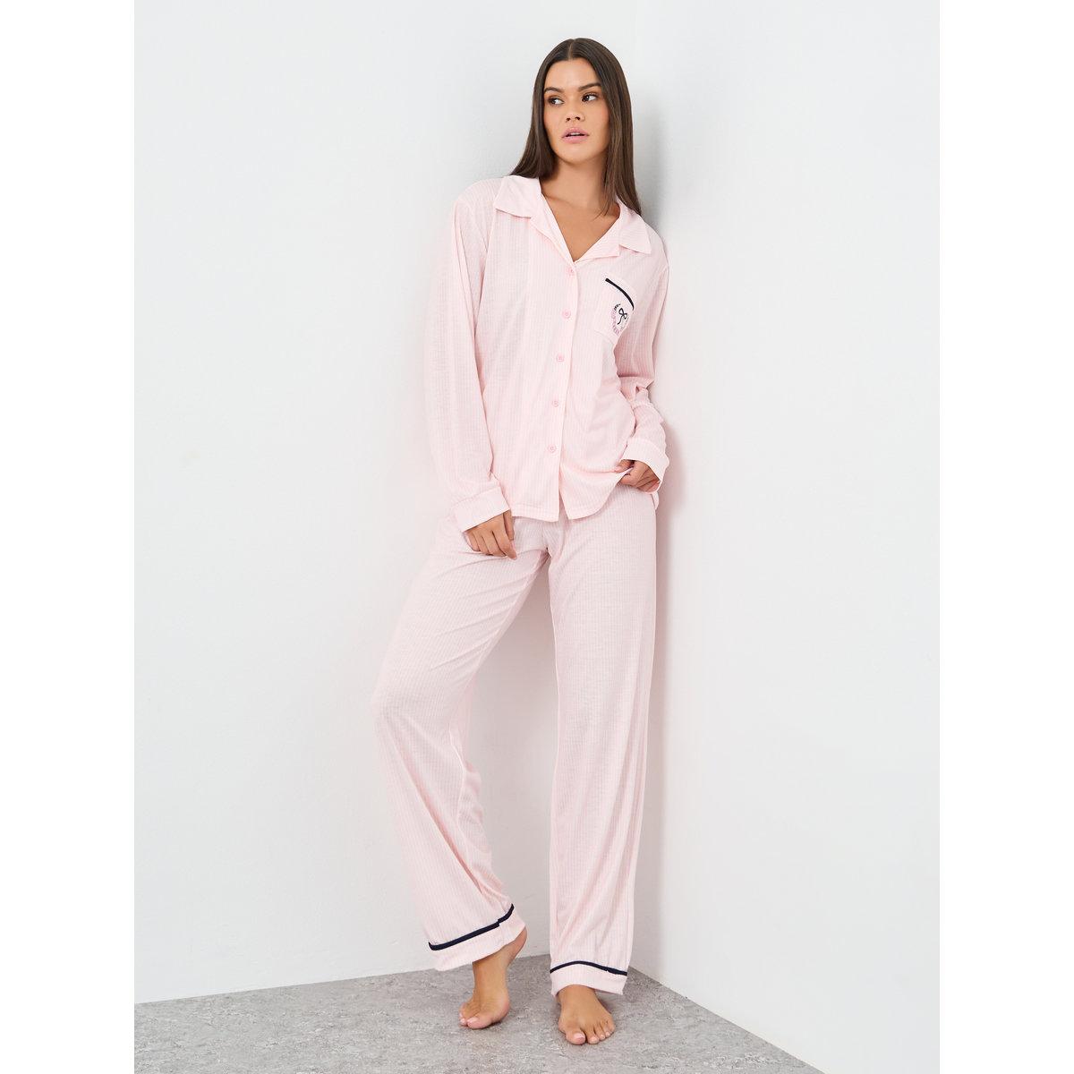 Styli Bow Striped Print Pocket Detail Shirt and Pyjama Set-women-clothing-nightwear-pyjamas-longsets-image-1