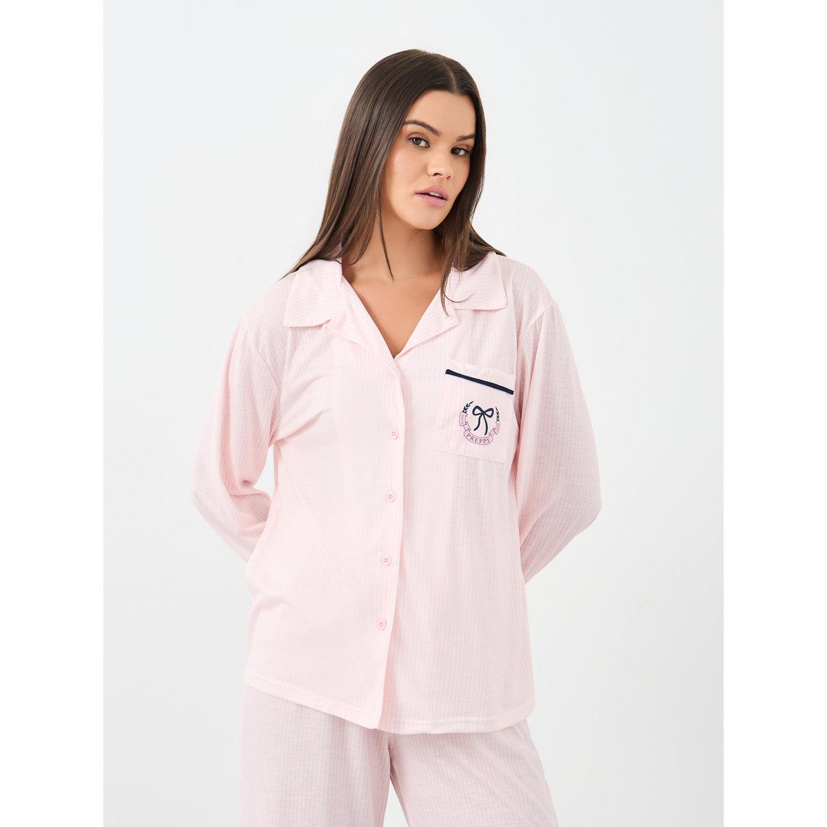 Styli Bow Striped Print Pocket Detail Shirt and Pyjama Set-women-clothing-nightwear-pyjamas-longsets-image-2