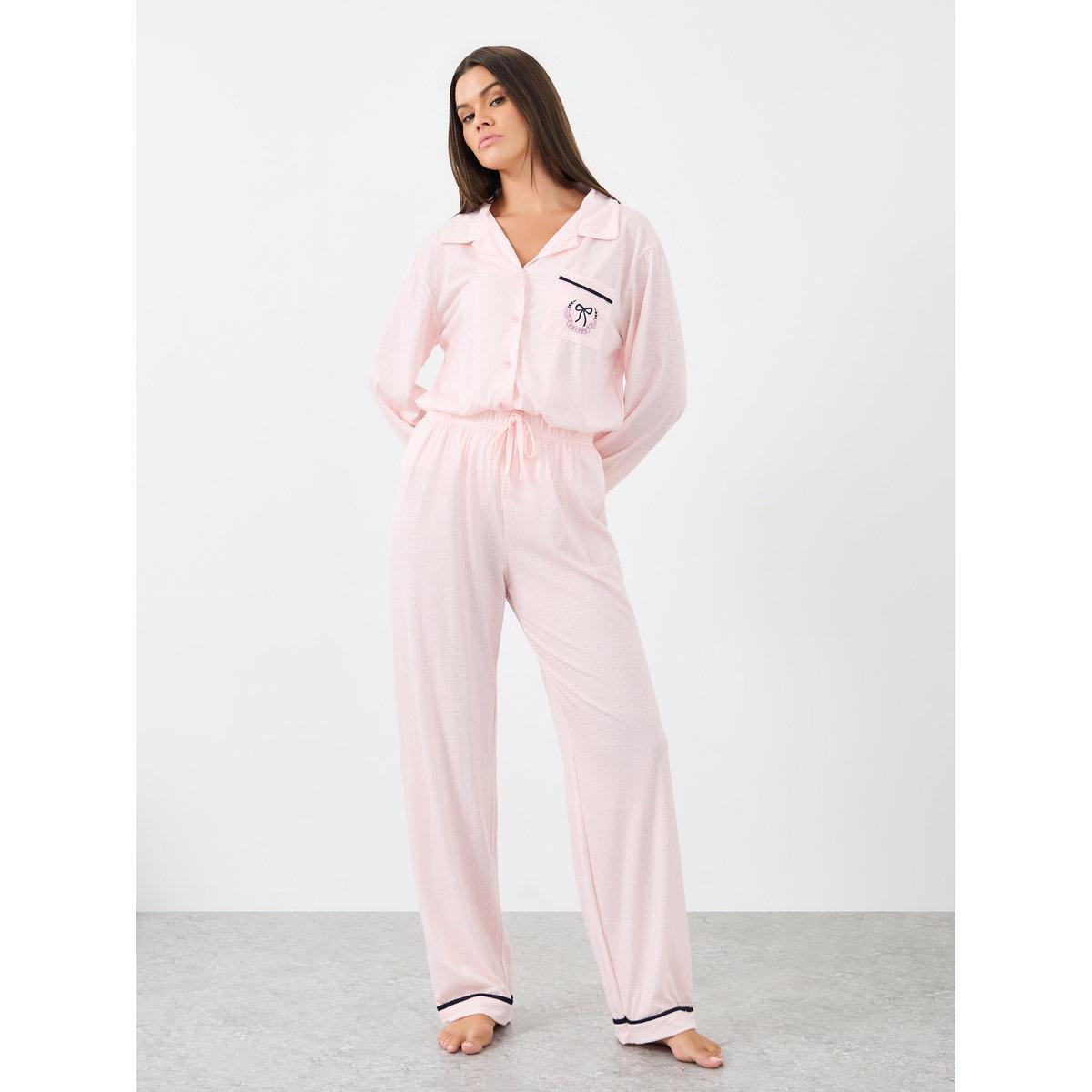 Styli Bow Striped Print Pocket Detail Shirt and Pyjama Set-women-clothing-nightwear-pyjamas-longsets-image-3