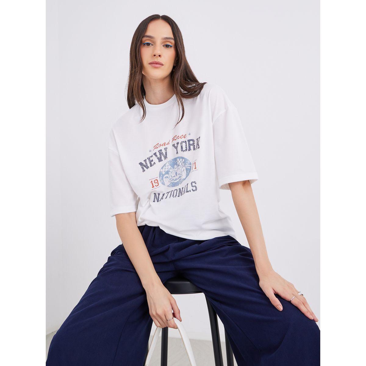 Styli Women Off White Graphic Print Short Sleeve Oversized T-Shirt-women-clothing-tshirts-image-1