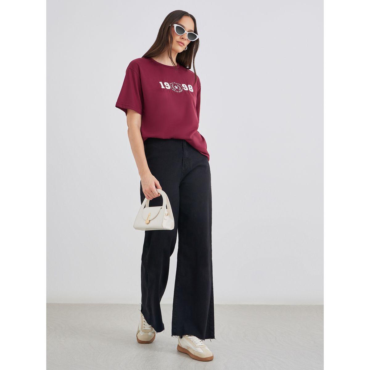 Styli Women Burgundy 1998 Graphic Print Short Sleeve Oversized T-Shirt-women-clothing-tshirts-image-2