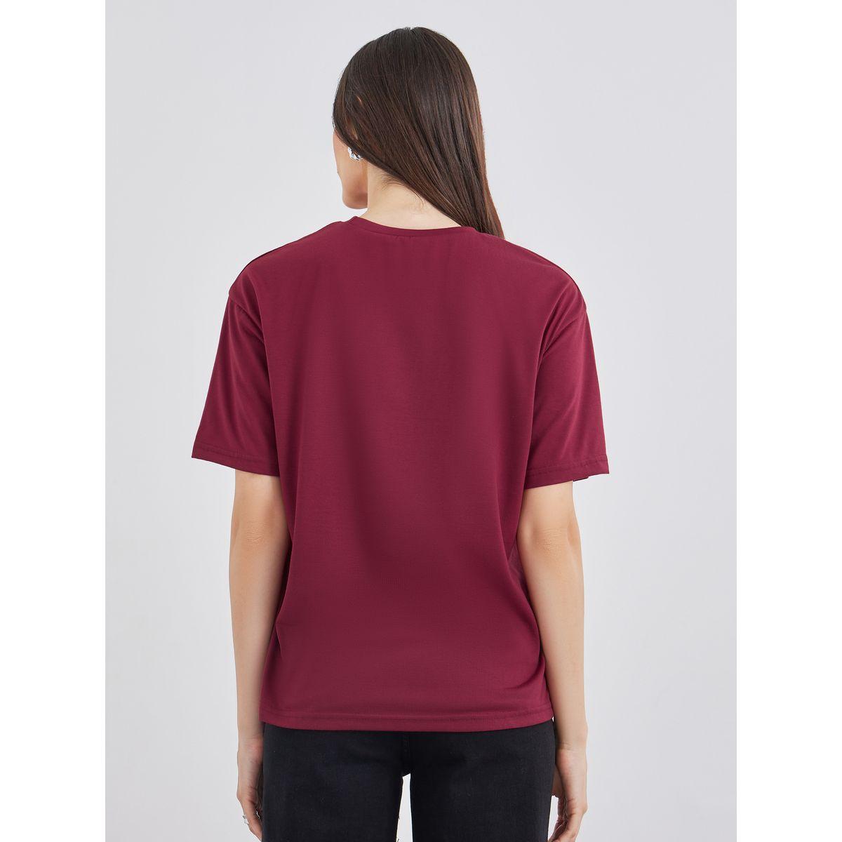 Styli Women Burgundy 1998 Graphic Print Short Sleeve Oversized T-Shirt-women-clothing-tshirts-image-5