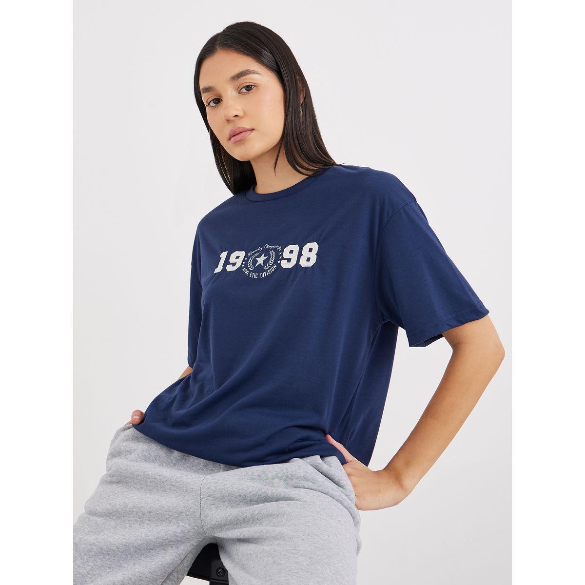 Styli Women Navy Blue 1998 Graphic Print Short Sleeve Oversized T-Shirt-women-clothing-tshirts-image-1
