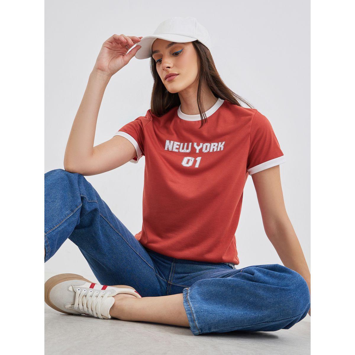 Styli Women Red Slogan Print Regular Fit T-Shirt with Contrast Trim-women-clothing-tshirts-image-1
