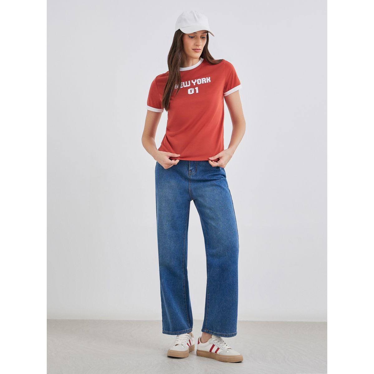 Styli Women Red Slogan Print Regular Fit T-Shirt with Contrast Trim-women-clothing-tshirts-image-2