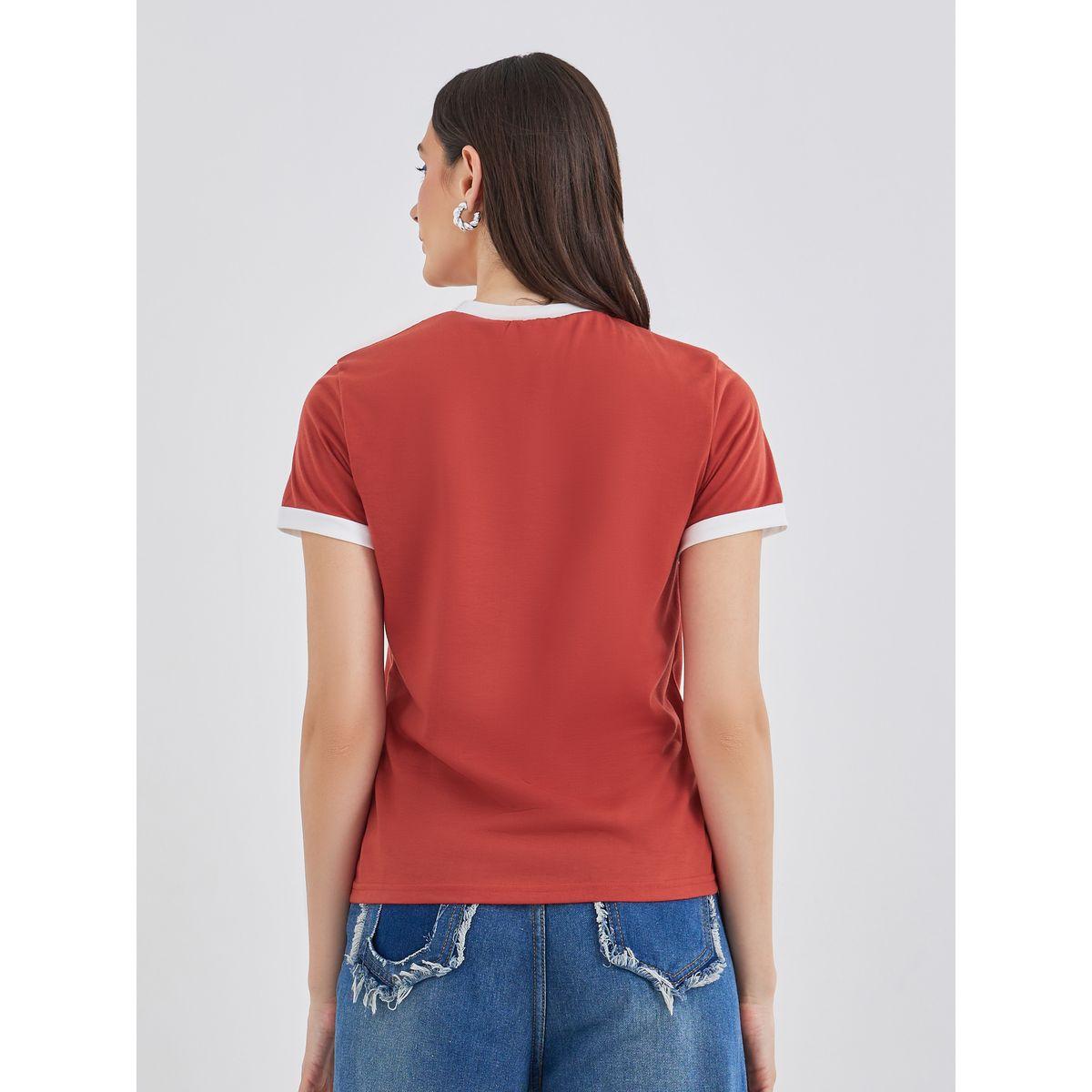 Styli Women Red Slogan Print Regular Fit T-Shirt with Contrast Trim-women-clothing-tshirts-image-5