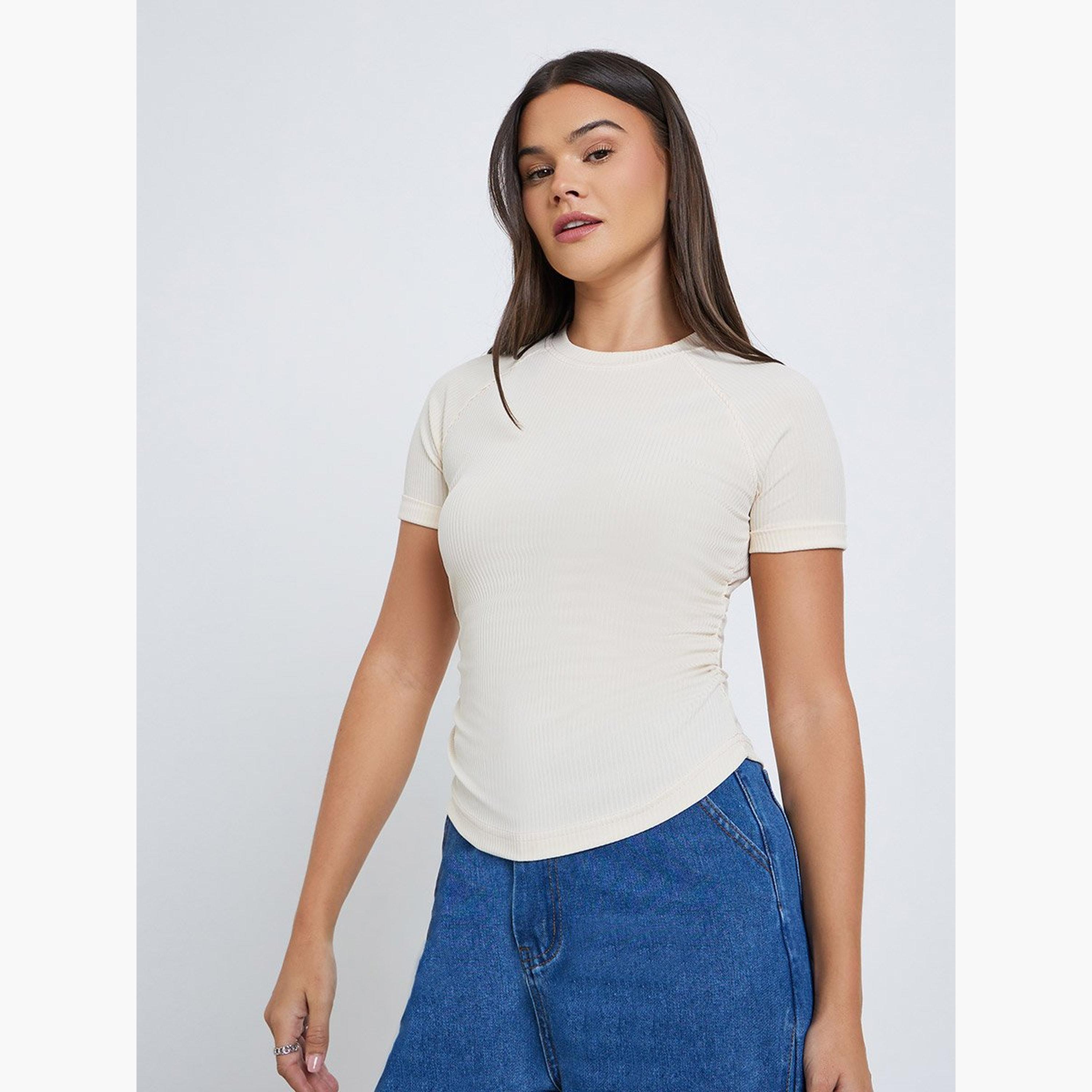 Styli Women Cream Ribbed Fitted T-Shirt-women-clothing-tshirts-image-1