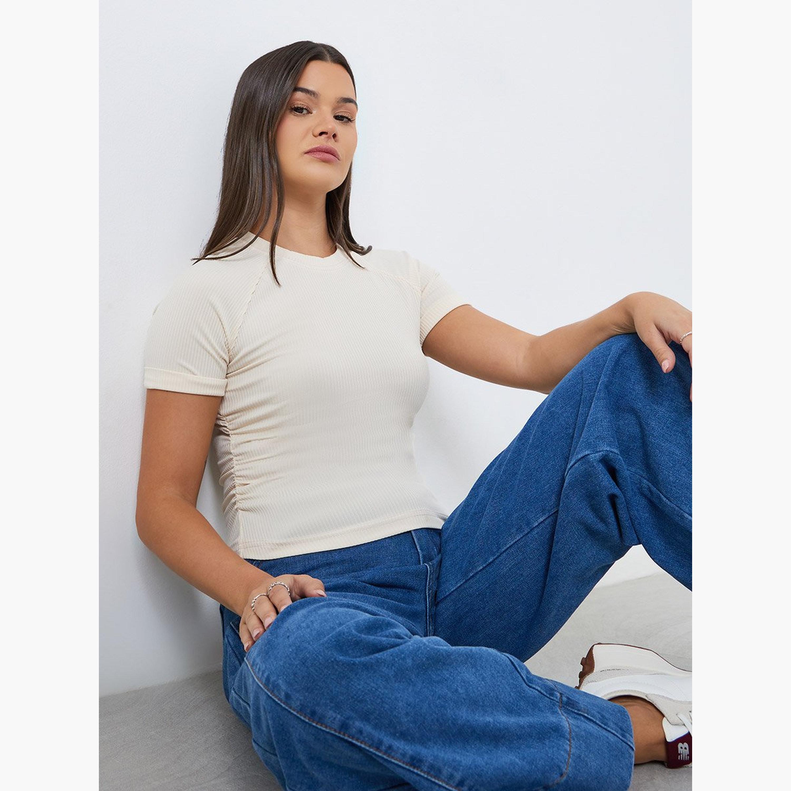 Styli Women Cream Ribbed Fitted T-Shirt-women-clothing-tshirts-image-3