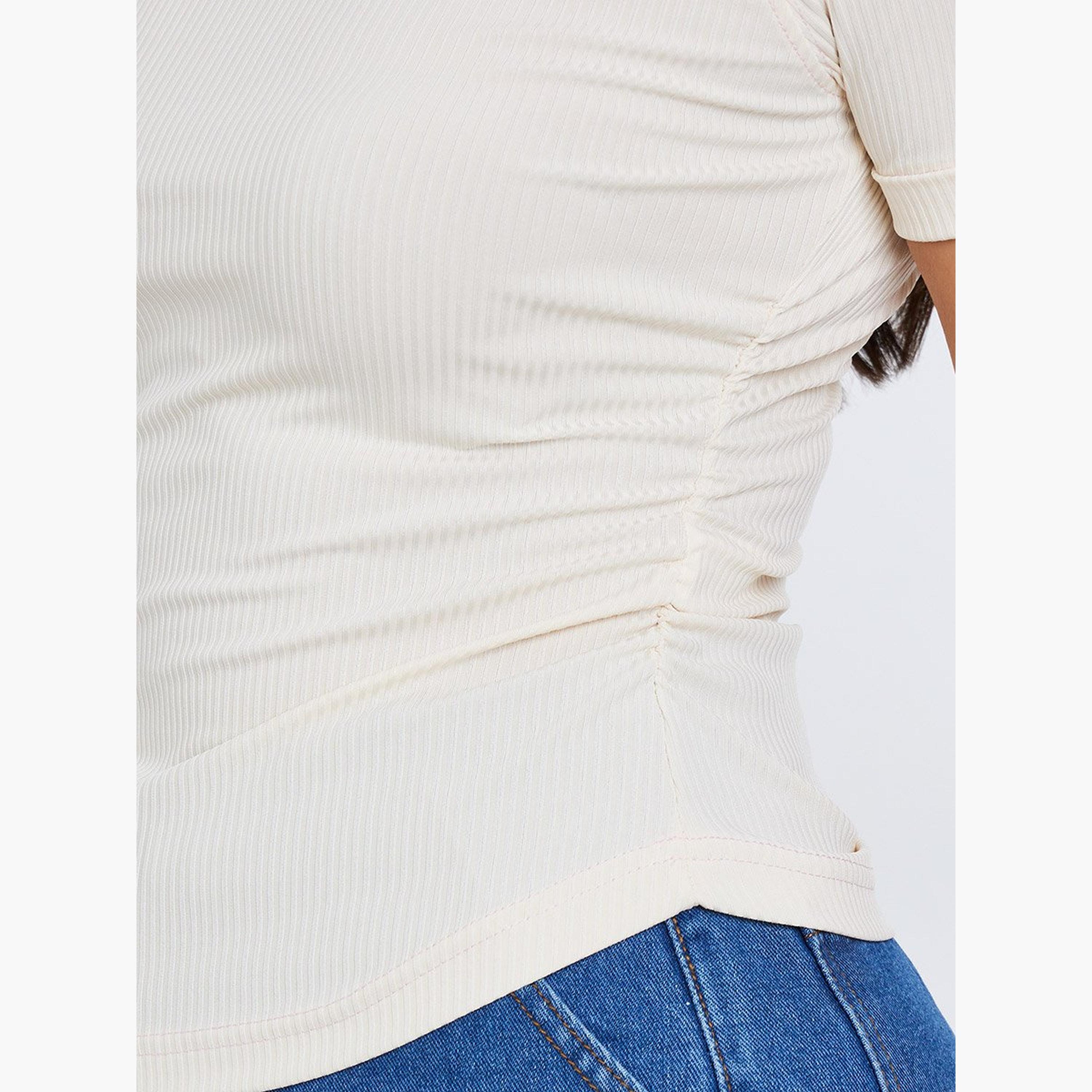 Styli Women Cream Ribbed Fitted T-Shirt-women-clothing-tshirts-image-4