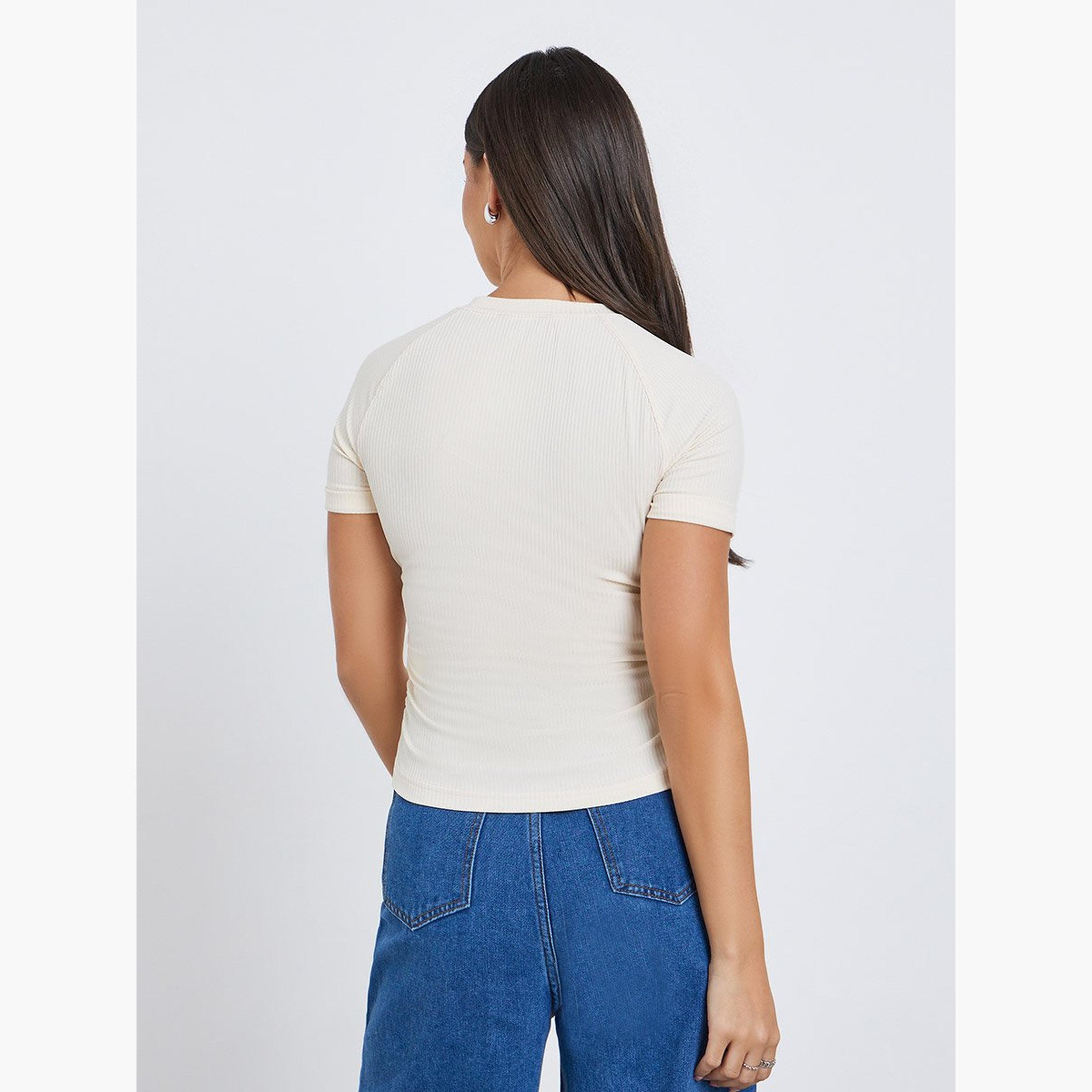 Styli Women Cream Ribbed Fitted T-Shirt-women-clothing-tshirts-image-5