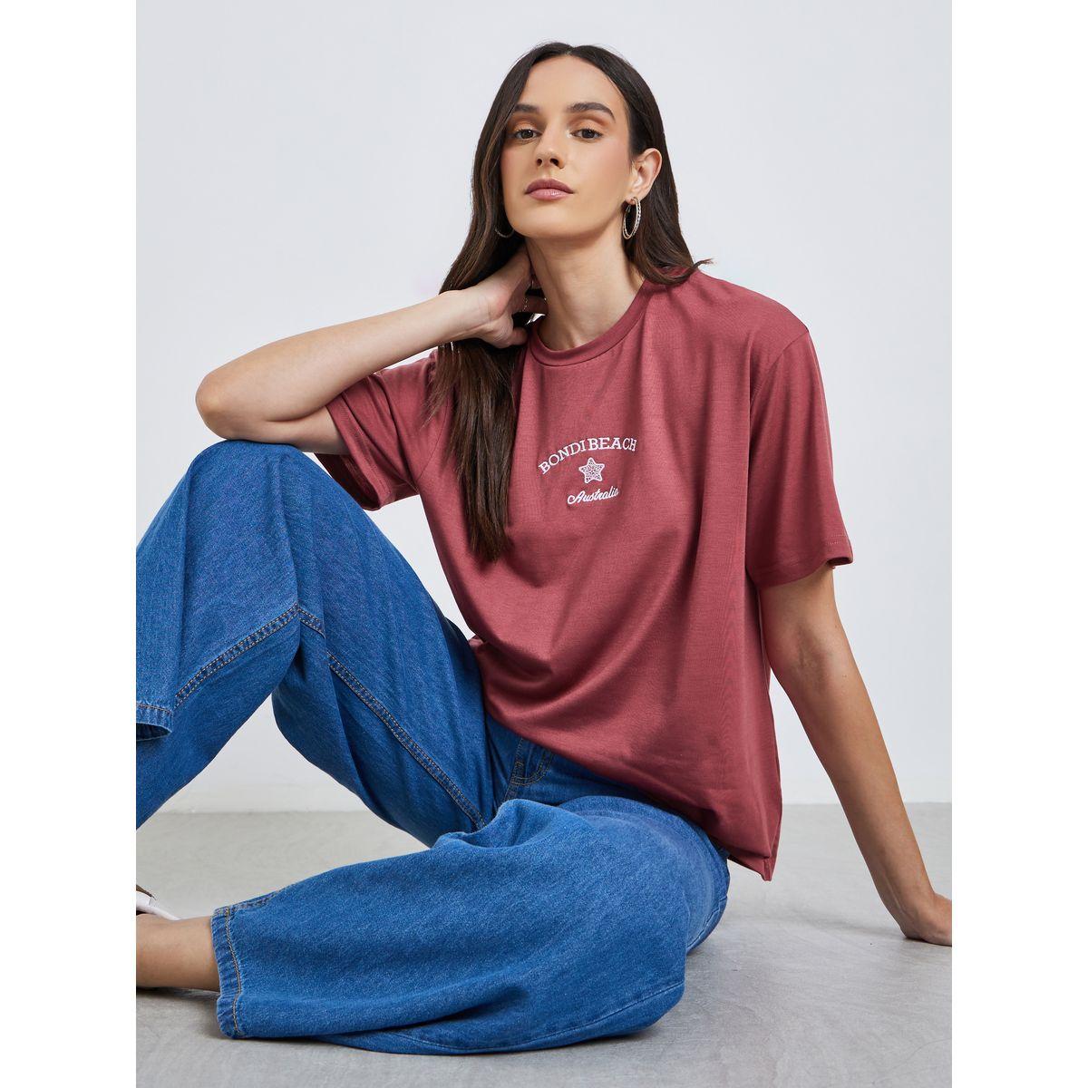 Styli Women Red Bondi Beach Embroidered Oversized T-Shirt-women-clothing-tshirts-image-1