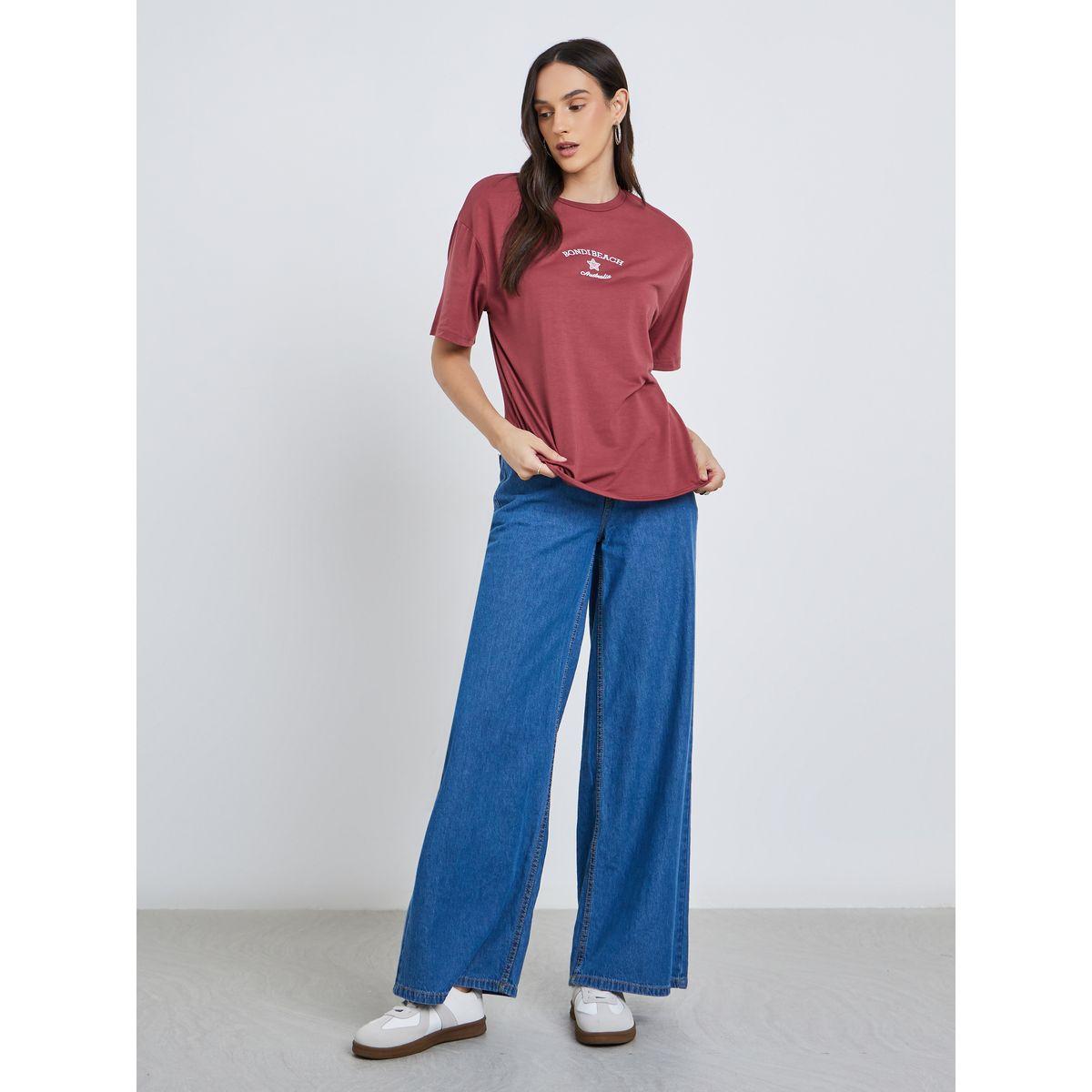 Styli Women Red Bondi Beach Embroidered Oversized T-Shirt-women-clothing-tshirts-image-2