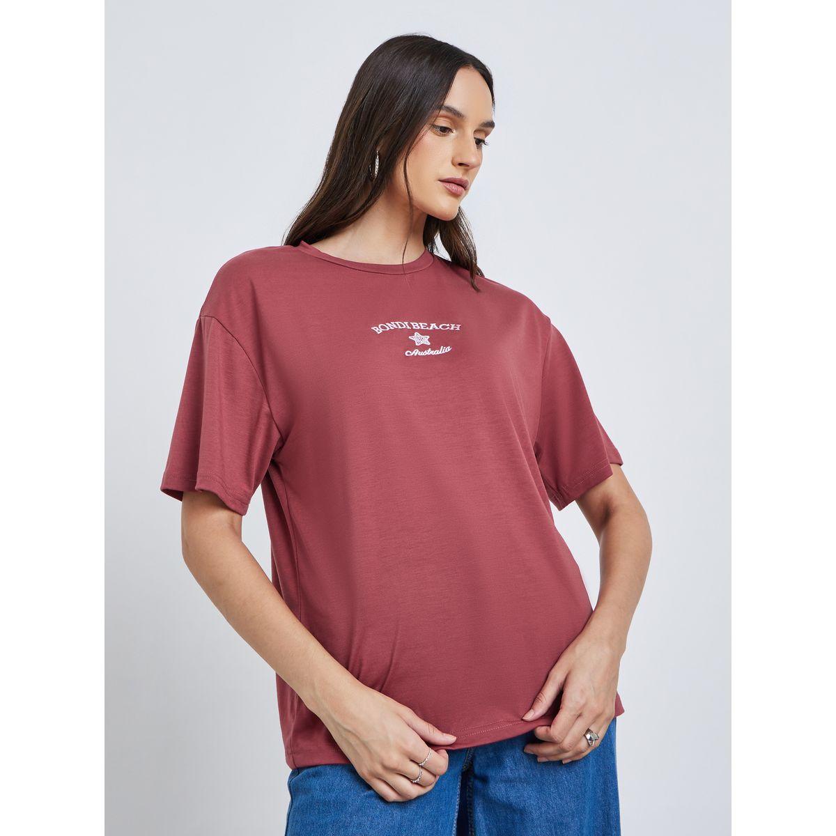 Styli Women Red Bondi Beach Embroidered Oversized T-Shirt-women-clothing-tshirts-image-3