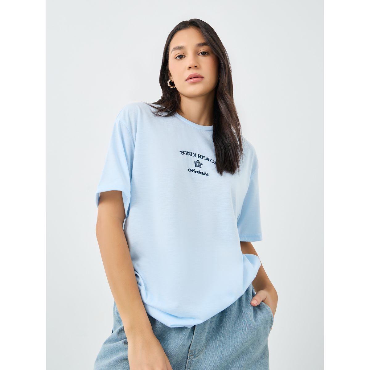 Styli Women Light Blue Bondi Beach Embroidered Oversized T-Shirt-women-clothing-tshirts-image-1