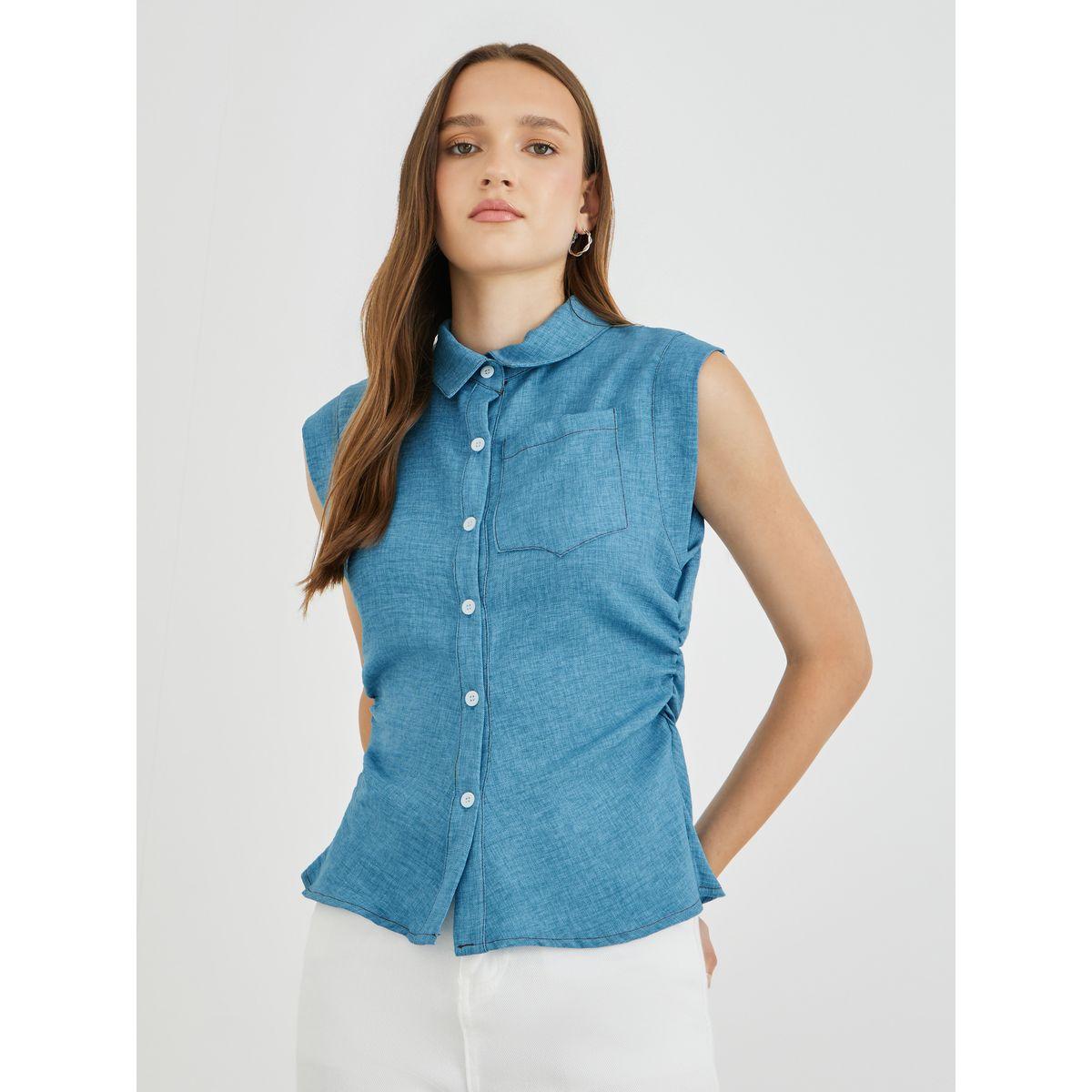 Styli Solid Spread Collar Buttoned Sleeveless Shirt-women-clothing-shirtsandblouses-shirts-image-1