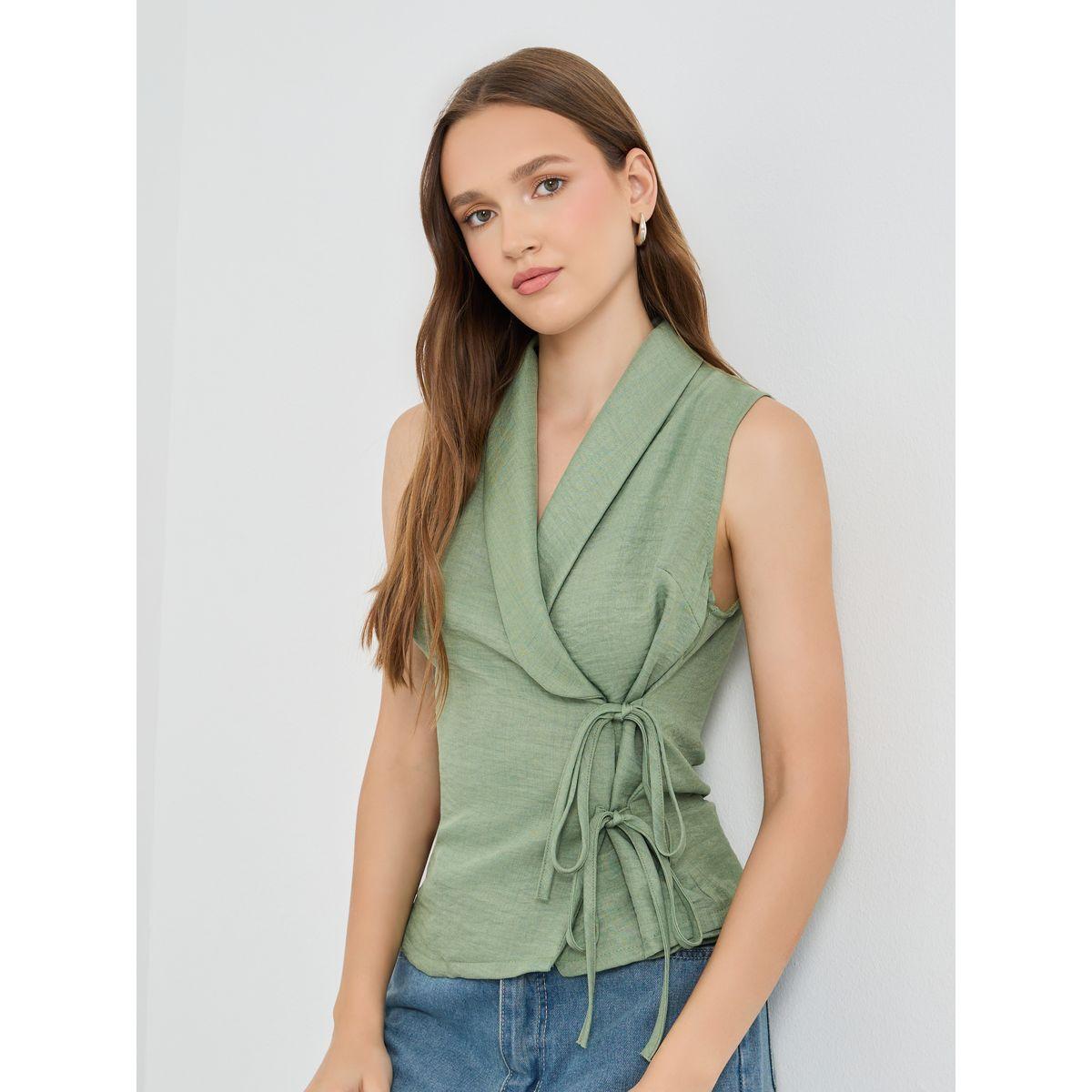 بلوزة بلا أكمام سادة بنمط لف مع أربطة-women-clothing-shirtsandblouses-blouses-image-1