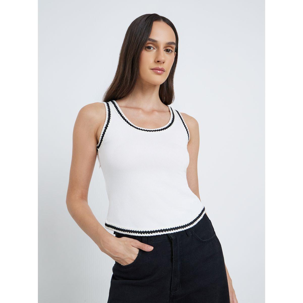 Styli White Ribbed Tank with Contrast Trim-women-clothing-tshirts-image-3