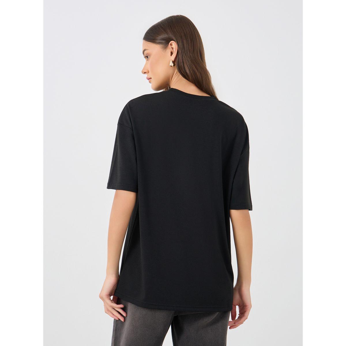 تيشيرت فضفاض بطبعة كتابة وياقة دائرية-women-clothing-tshirts-image-4