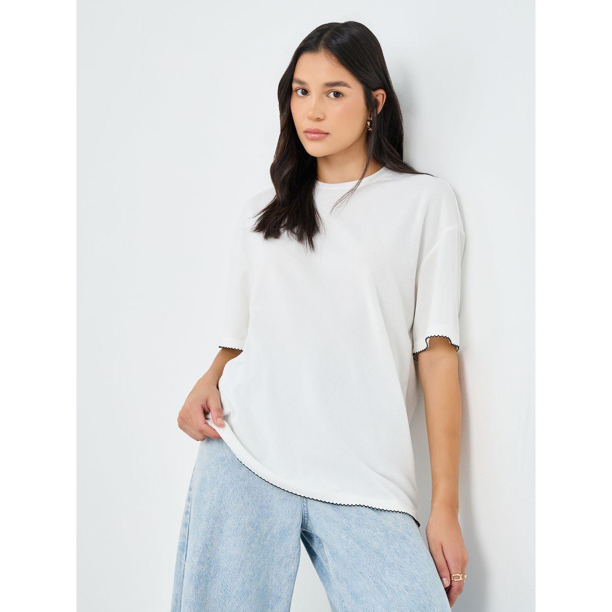 Styli White Contrast Hem Textured Oversized T-Shirt-women-clothing-tshirts-image-1