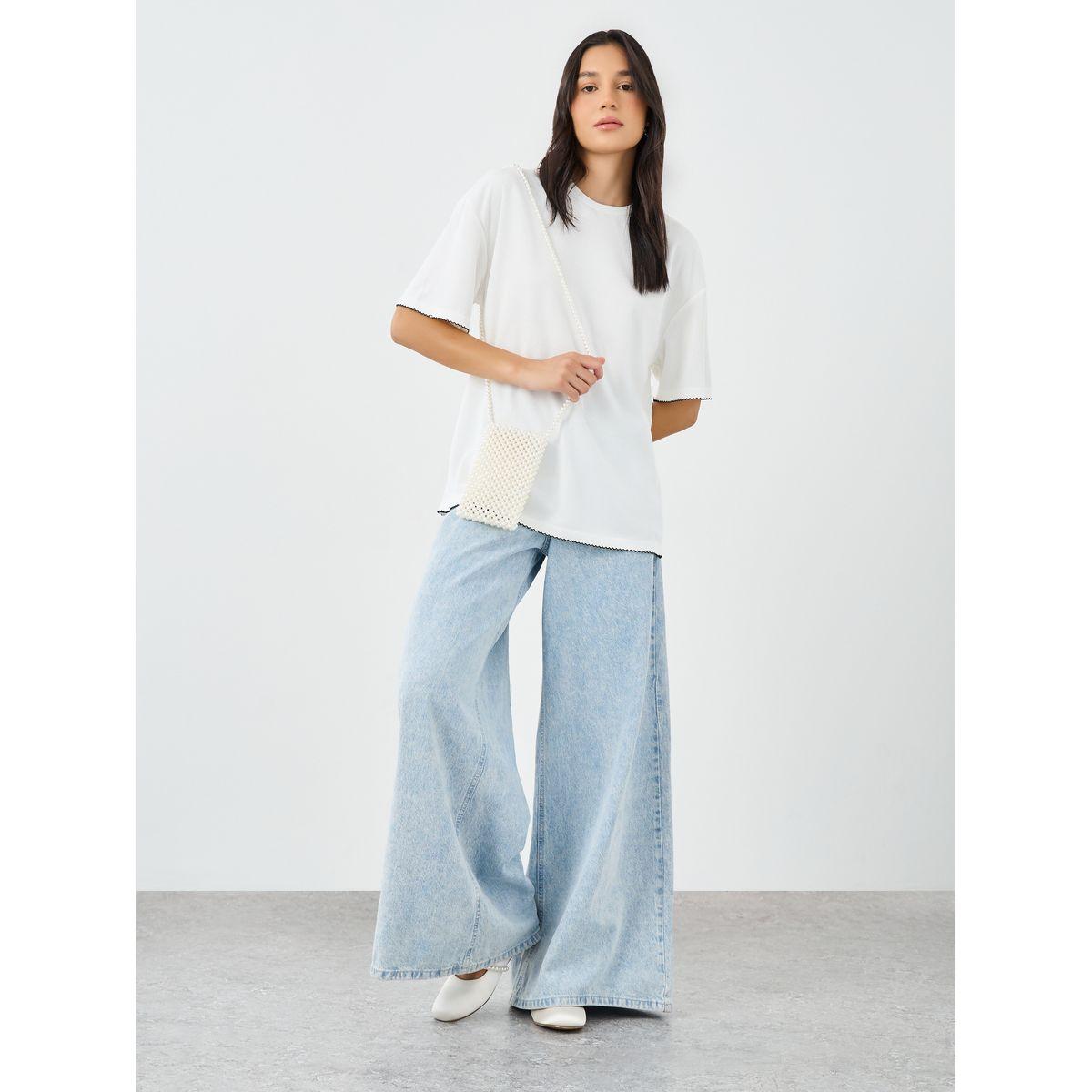 Styli White Contrast Hem Textured Oversized T-Shirt-women-clothing-tshirts-image-2