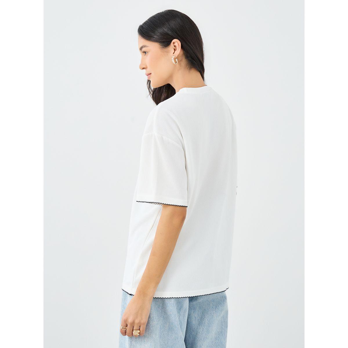 Styli White Contrast Hem Textured Oversized T-Shirt-women-clothing-tshirts-image-4