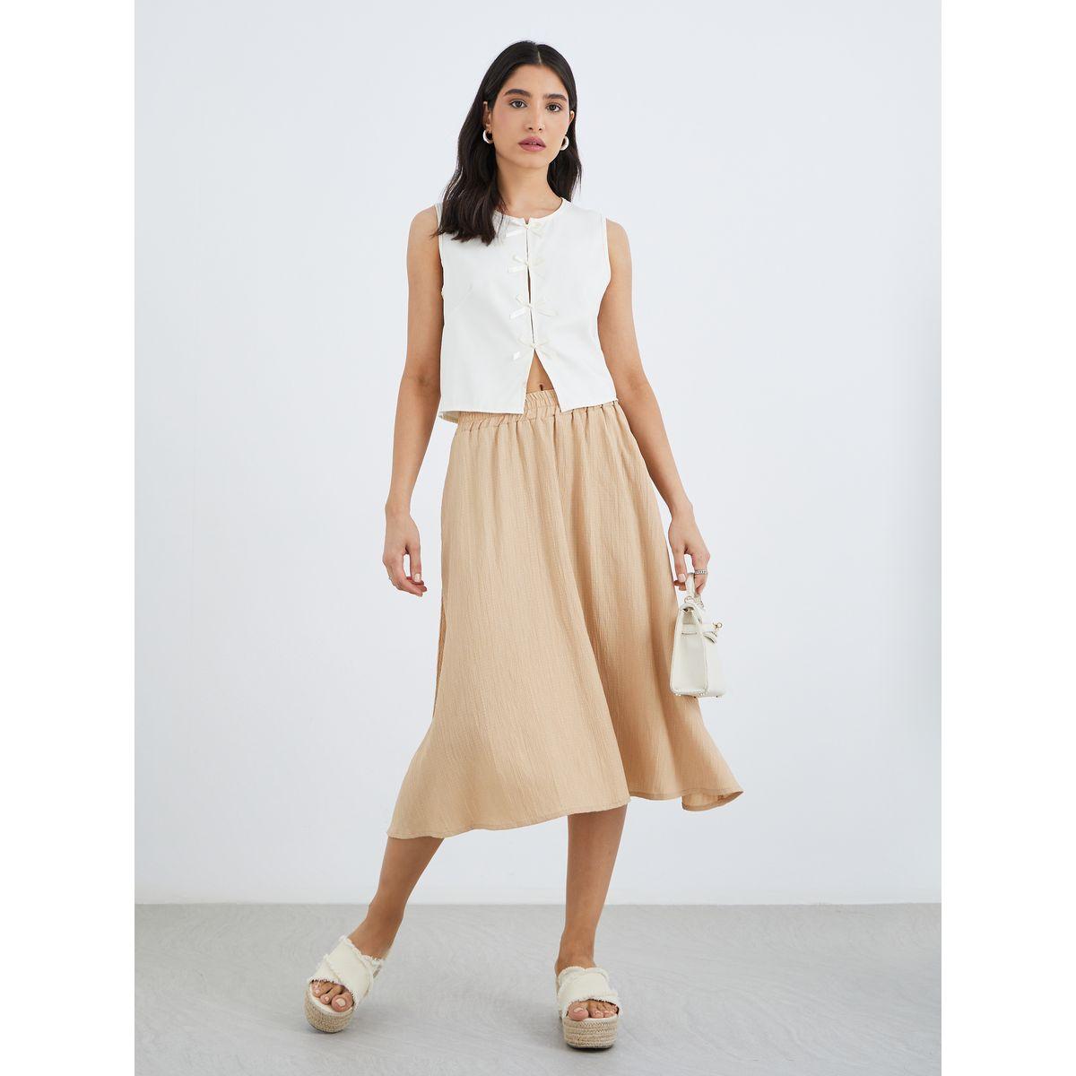 تنورة ميدي بخصر مطاطي وتفاصيل بارزة الملمس-women-clothing-bottoms-skirts-image-1