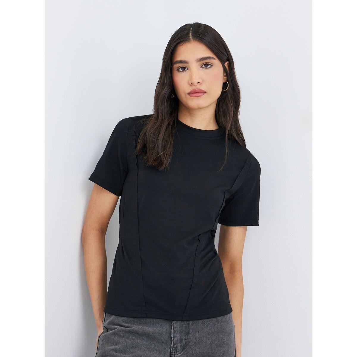 Styli Black Round Neck Cut and Sew Panel T-Shirt-women-clothing-tshirts-image-1
