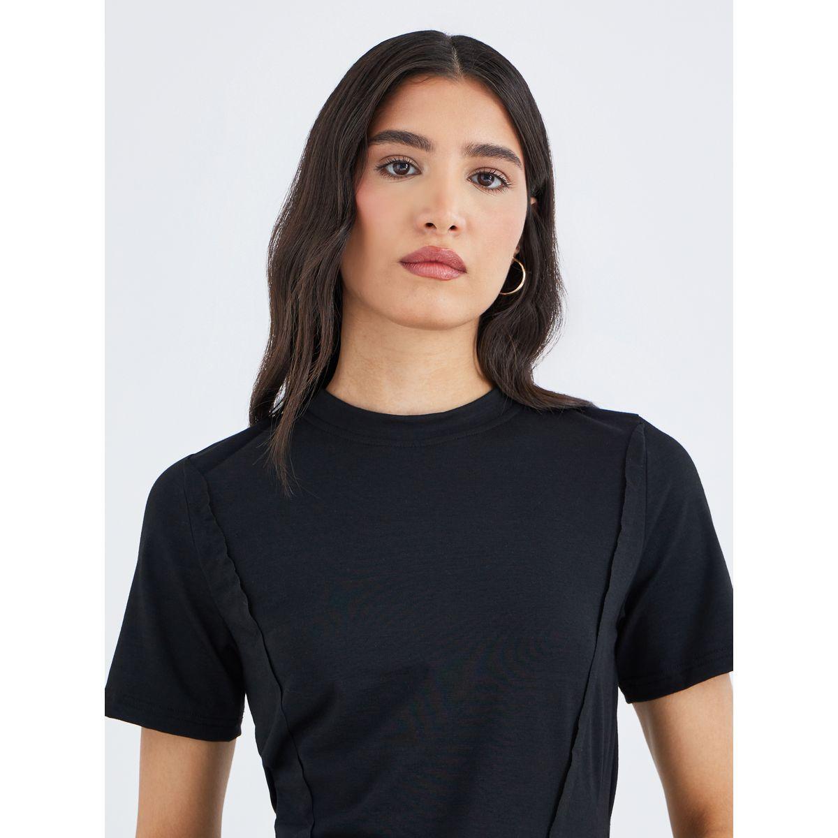Styli Black Round Neck Cut and Sew Panel T-Shirt-women-clothing-tshirts-image-3