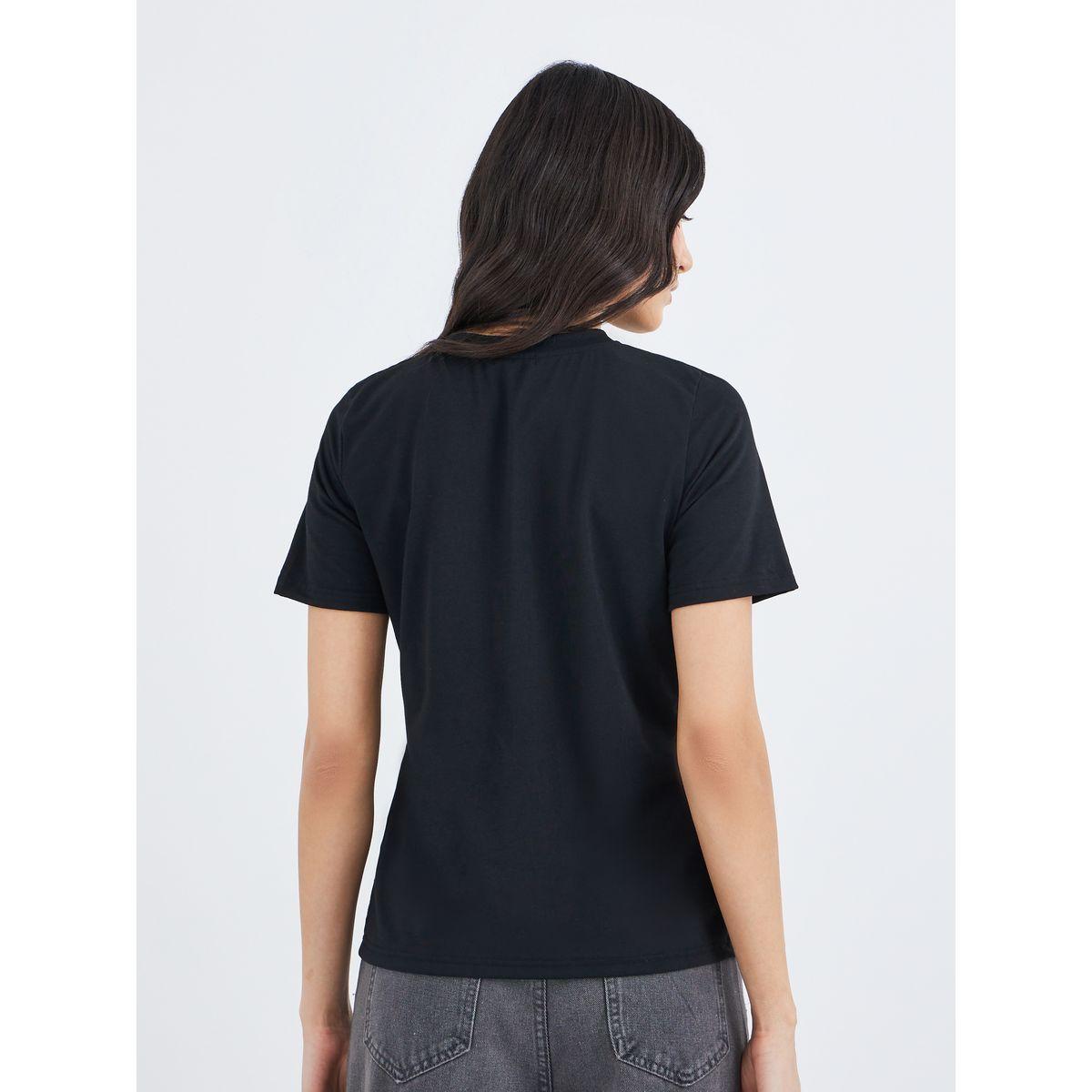 Styli Black Round Neck Cut and Sew Panel T-Shirt-women-clothing-tshirts-image-4