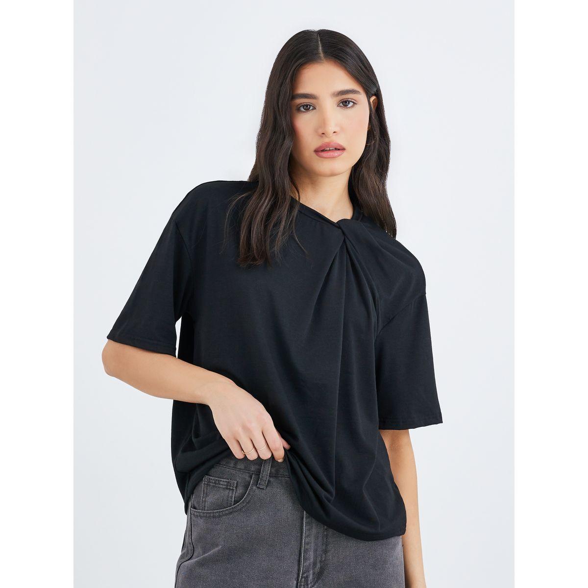 Styli Women Black Knot Neck Detail Boxy Fit T-Shirt-women-clothing-tshirts-image-1